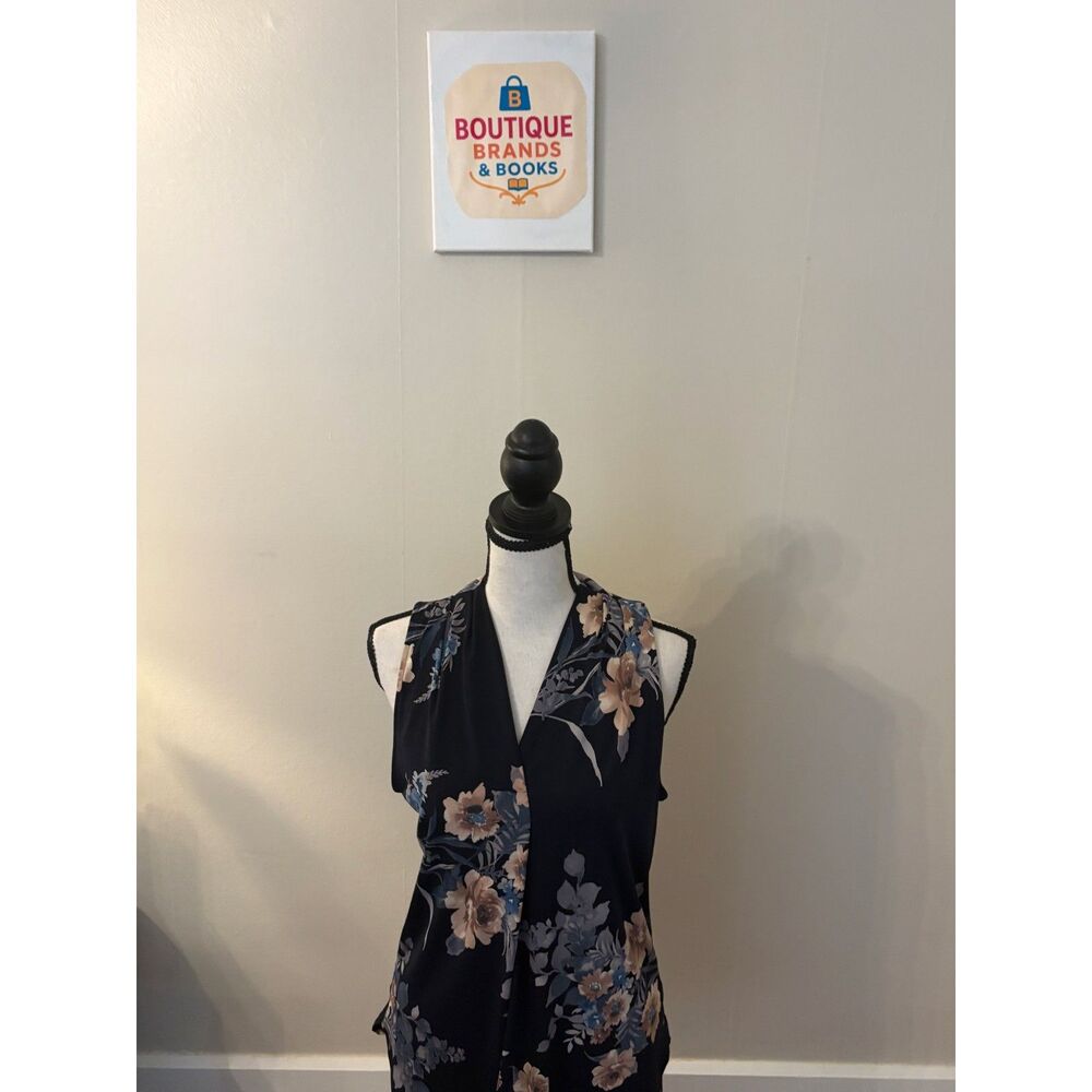 Beacon Floral Sleeveless Draped Blouse Navy Blue Size Small